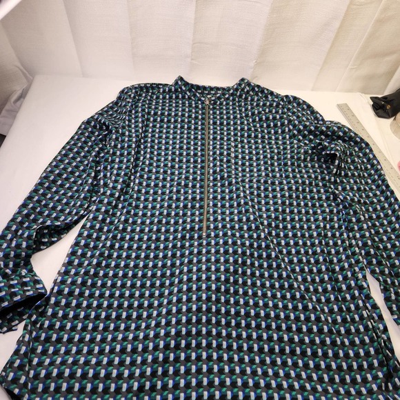 Halogen Printed Long Sleeve Top 1/2 Zip Up Breast Pocket Green Black White SZ XL - Picture 1 of 9
